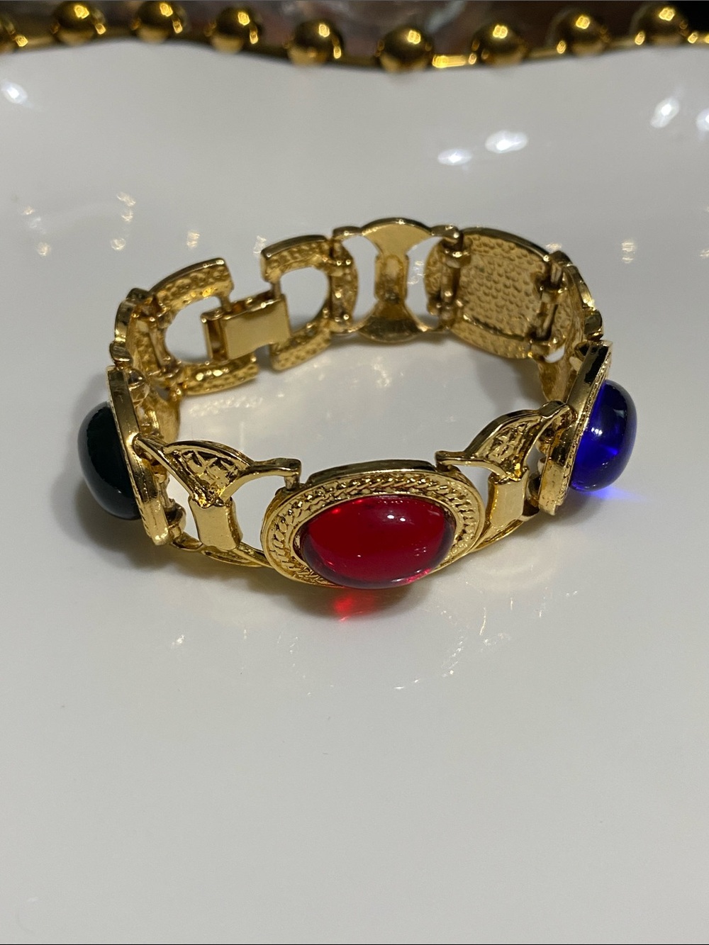 VTG Gold Tone Multicolor Cabochon Link Bracelet - Picture 7 of 7
